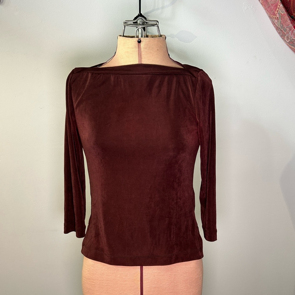 BCBG Max Azria Vintage Boatneck Chocolate Brown Slinky Top Size Small - Picture 9 of 13